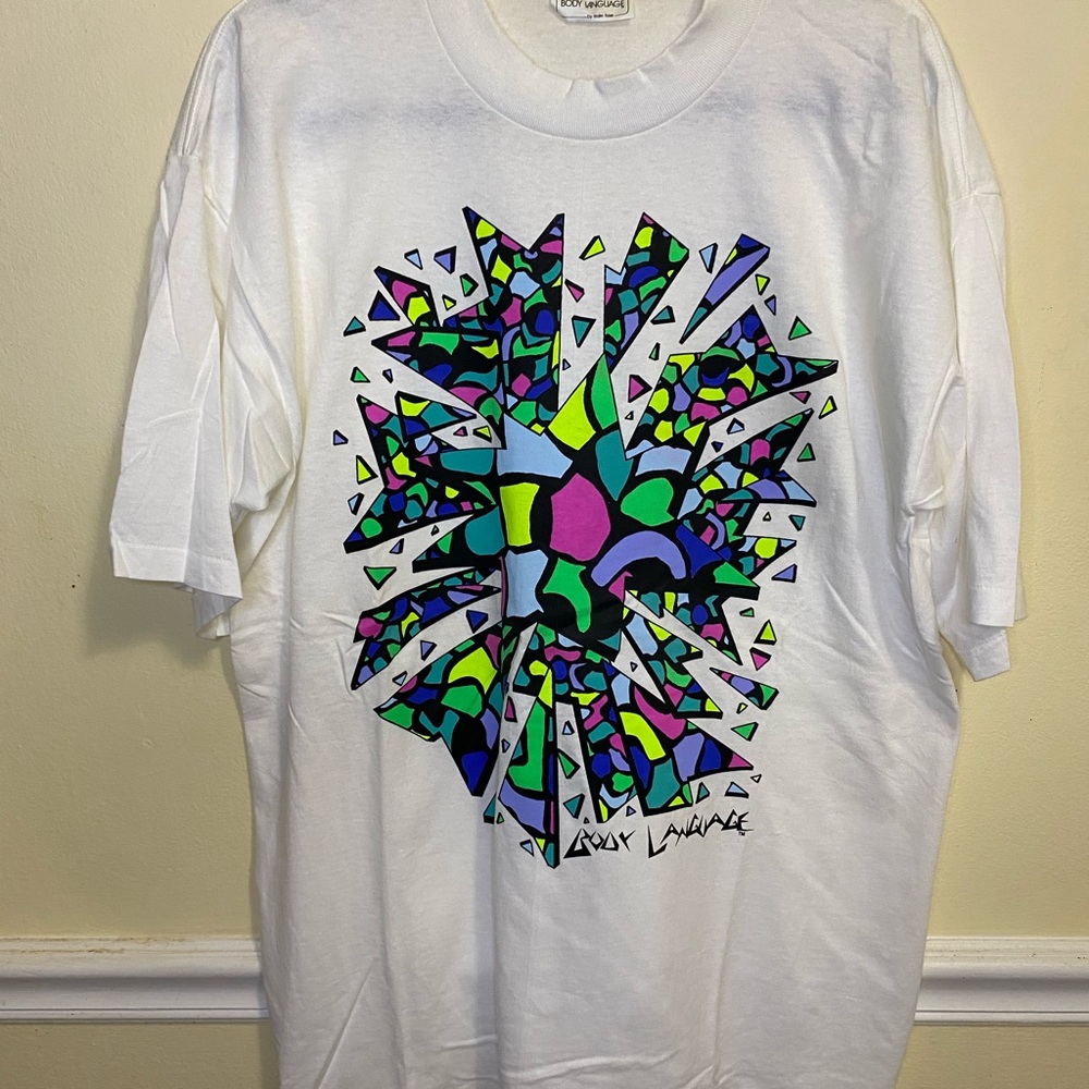 Language White T-Shirt with Colorful Abstract Design